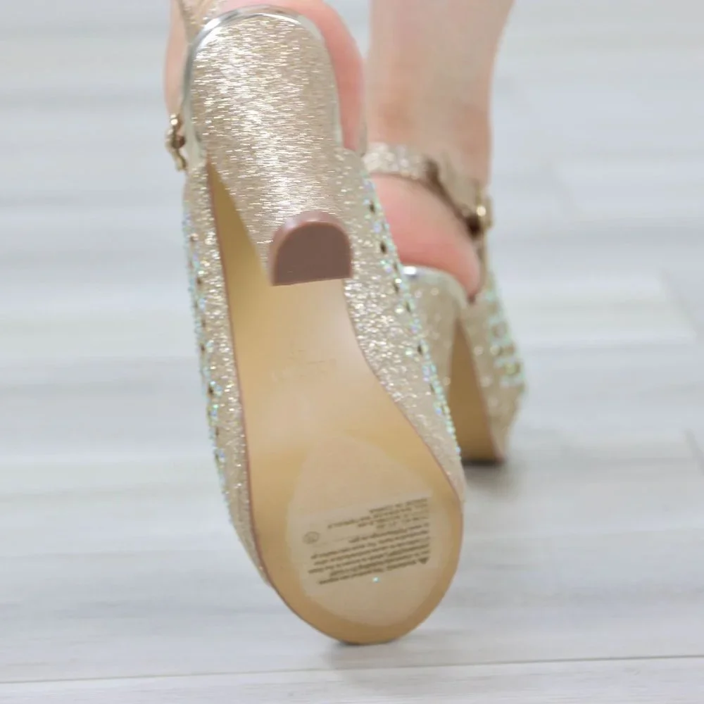 Sparkly Rhinestone Glitter Champagne Platform High Heels Open Toe Party Shoes - Picture 13 of 14